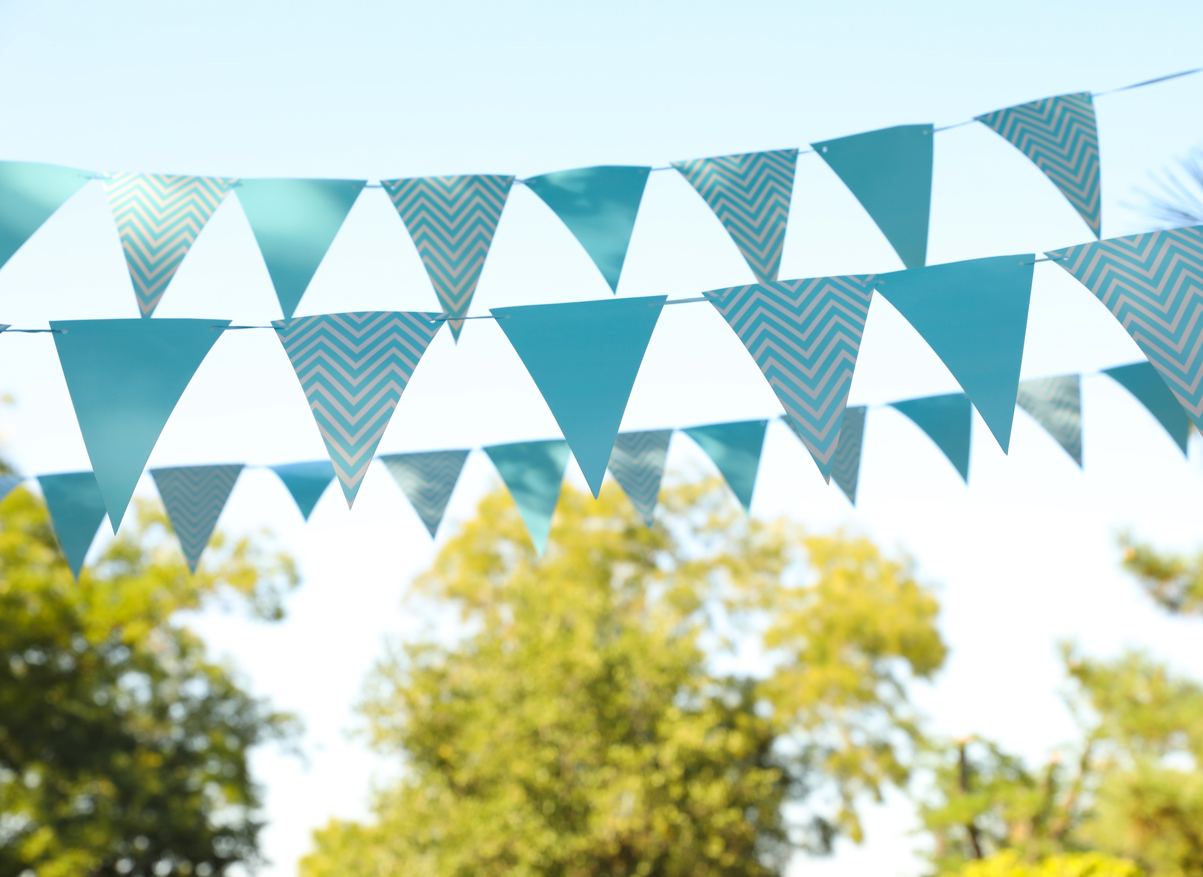 Light Blue Bunting Flags in Park. Party Decor